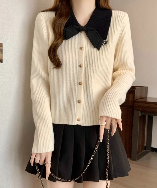 セール】【秋冬新作】リボン付きバイカラーリブニット（ニット