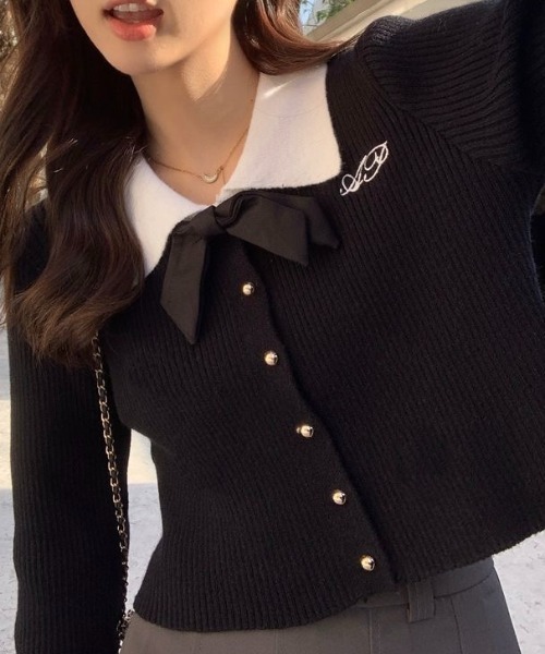 セール】【秋冬新作】リボン付きバイカラーリブニット（ニット