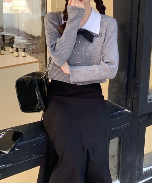 セール】【秋冬新作】リボン付きバイカラーリブニット（ニット