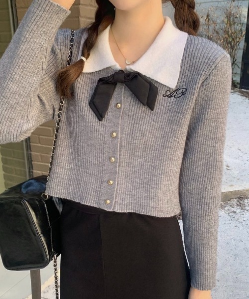 セール】【秋冬新作】リボン付きバイカラーリブニット（ニット