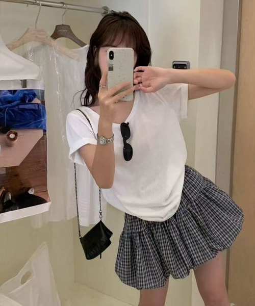 STAY MOTION（ステイモーション）の「【WEB限定】ベルト付きチェック柄バルーンミニスカート［韓国ファッション ガーリー］（スカート・レディース・ネイビー/ブラック・S/M）」の5枚目の写真