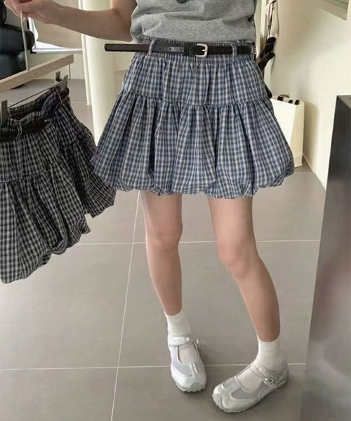 STAY MOTION（ステイモーション）の「【WEB限定】ベルト付きチェック柄バルーンミニスカート［韓国ファッション ガーリー］（スカート・レディース・ネイビー/ブラック・S/M）」の3枚目の写真