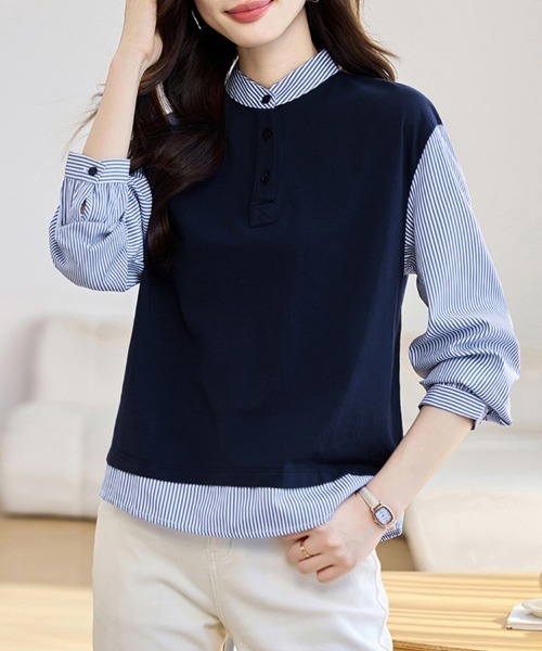 ONEP STAR(ワンピスター)の「スタンドカラーシャツトップス(シャツ/ブラウス・レディース・ネイビー・MEDIUM/LARGE/X-LARGE)」の1枚目の写真