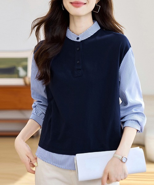 ONEP STAR(ワンピスター)の「スタンドカラーシャツトップス(シャツ/ブラウス・レディース・ネイビー・MEDIUM/LARGE/X-LARGE)」の2枚目の写真