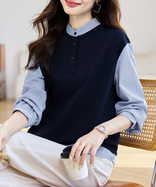 ONEP STAR(ワンピスター)の「スタンドカラーシャツトップス(シャツ/ブラウス・レディース・ネイビー・MEDIUM/LARGE/X-LARGE)」の3枚目の写真