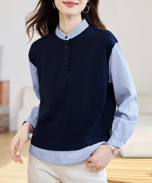 ONEP STAR(ワンピスター)の「スタンドカラーシャツトップス(シャツ/ブラウス・レディース・ネイビー・MEDIUM/LARGE/X-LARGE)」の4枚目の写真
