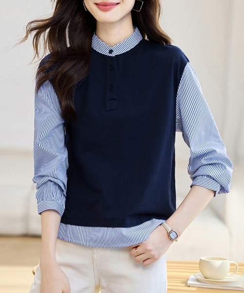 ONEP STAR(ワンピスター)の「スタンドカラーシャツトップス(シャツ/ブラウス・レディース・ネイビー・MEDIUM/LARGE/X-LARGE)」の6枚目の写真