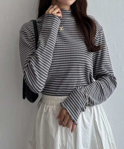 LBC（エルビーシー）の「ミニワッフルタートルボーダーロンT（Tシャツ/カットソー・レディース・ホワイト/ブラック/ネイビー/グレー・M/L）」の4枚目の写真