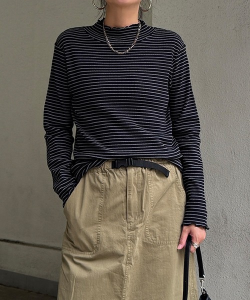 LBC（エルビーシー）の「ミニワッフルタートルボーダーロンT（Tシャツ/カットソー・レディース・ホワイト/ブラック/ネイビー/グレー・M/L）」の5枚目の写真