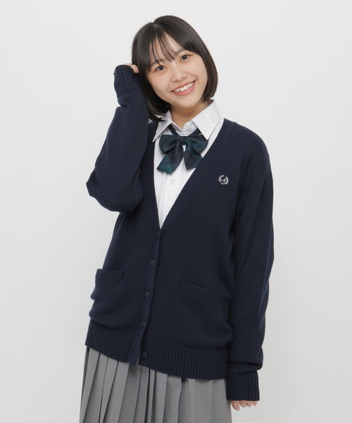 ロゴ刺繍 ブラックカーディガン セール】ロゴ刺繍クルーカーディガン【洗濯機洗い可】（カーディガン