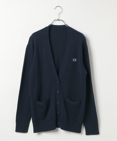 ロゴ刺繍 ブラックカーディガン セール】ロゴ刺繍クルーカーディガン【洗濯機洗い可】（カーディガン