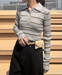 ISOOK | 【ISOOK / アイスー】マルチボーダーポロニット / ポロシャツ ポロニット ラガーシャツ プルオーバー 長袖 襟付き ボーダー グレー ネイビー ZOZOTOWN限定(ニット/セーター)