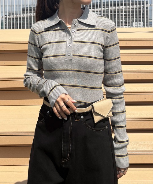 ISOOK / アイスー】マルチボーダーポロニット / ポロシャツ ポロニット