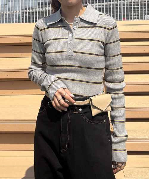 セール】【ISOOK / アイスー】マルチボーダーポロニット / ポロシャツ