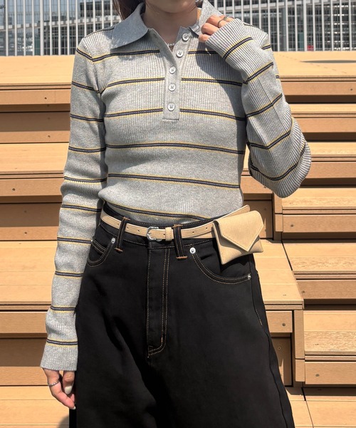 ISOOK（アイスー）の「【ISOOK / アイスー】マルチボーダーポロニット / ポロシャツ ポロニット ラガーシャツ プルオーバー 長袖 襟付き 春服 春ニット ボーダー グレー ネイビー ZOZOTOWN限定（ニット/セーター・レディース・グレー/ネイビー・FREE）」の9枚目の写真