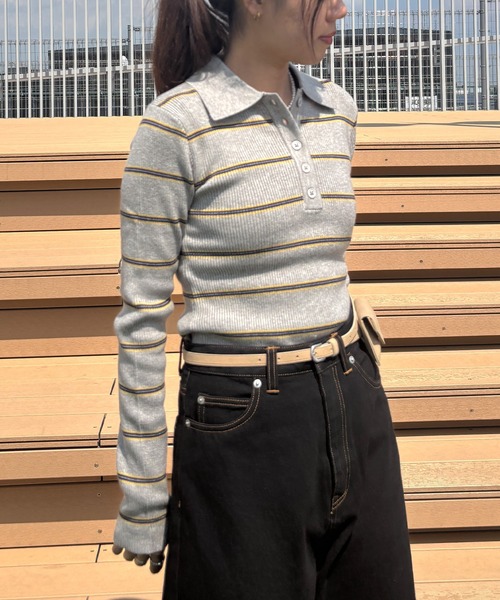 ISOOK（アイスー）の「【ISOOK / アイスー】マルチボーダーポロニット / ポロシャツ ポロニット ラガーシャツ プルオーバー 長袖 襟付き 春服 春ニット ボーダー グレー ネイビー ZOZOTOWN限定（ニット/セーター・レディース・グレー/ネイビー・FREE）」の5枚目の写真