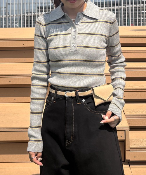 ISOOK（アイスー）の「【ISOOK / アイスー】マルチボーダーポロニット / ポロシャツ ポロニット ラガーシャツ プルオーバー 長袖 襟付き 春服 春ニット ボーダー グレー ネイビー ZOZOTOWN限定（ニット/セーター・レディース・グレー/ネイビー・FREE）」の14枚目の写真