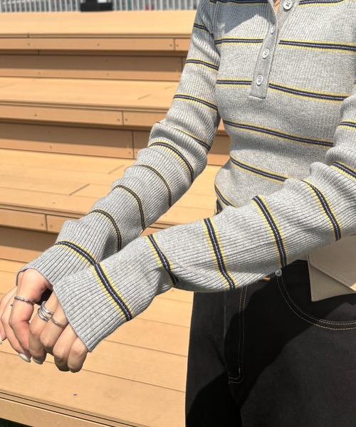 ISOOK（アイスー）の「【ISOOK / アイスー】マルチボーダーポロニット / ポロシャツ ポロニット ラガーシャツ プルオーバー 長袖 襟付き 春服 春ニット ボーダー グレー ネイビー ZOZOTOWN限定（ニット/セーター・レディース・グレー/ネイビー・FREE）」の15枚目の写真