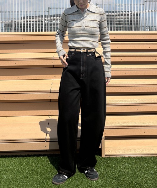 ISOOK（アイスー）の「【ISOOK / アイスー】マルチボーダーポロニット / ポロシャツ ポロニット ラガーシャツ プルオーバー 長袖 襟付き 春服 春ニット ボーダー グレー ネイビー ZOZOTOWN限定（ニット/セーター・レディース・グレー/ネイビー・FREE）」の7枚目の写真