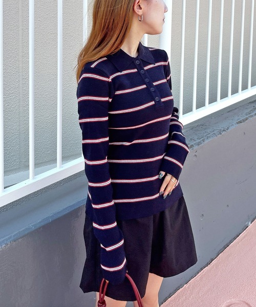 ISOOK（アイスー）の「【ISOOK / アイスー】マルチボーダーポロニット / ポロシャツ ポロニット ラガーシャツ プルオーバー 長袖 襟付き 春服 春ニット ボーダー グレー ネイビー ZOZOTOWN限定（ニット/セーター・レディース・グレー/ネイビー・FREE）」の19枚目の写真