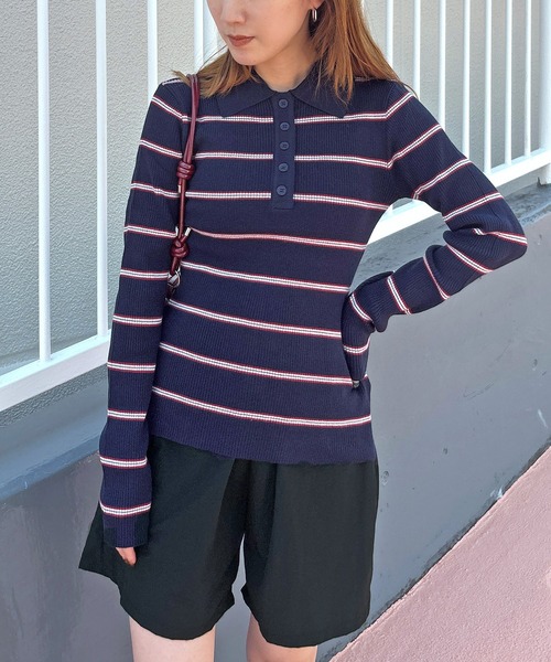 ISOOK（アイスー）の「【ISOOK / アイスー】マルチボーダーポロニット / ポロシャツ ポロニット ラガーシャツ プルオーバー 長袖 襟付き 春服 春ニット ボーダー グレー ネイビー ZOZOTOWN限定（ニット/セーター・レディース・グレー/ネイビー・FREE）」の18枚目の写真