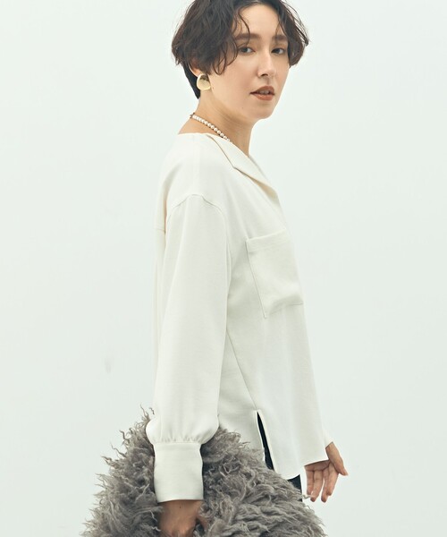 NOLLEY’S Sophi（ノーリーズソフィ）の「ウォッシャブルバックサテンジョーゼットオープンカラーブラウス（シャツ/ブラウス・レディース・オフホワイト/サックスブルー/ネイビー・38）」の13枚目の写真