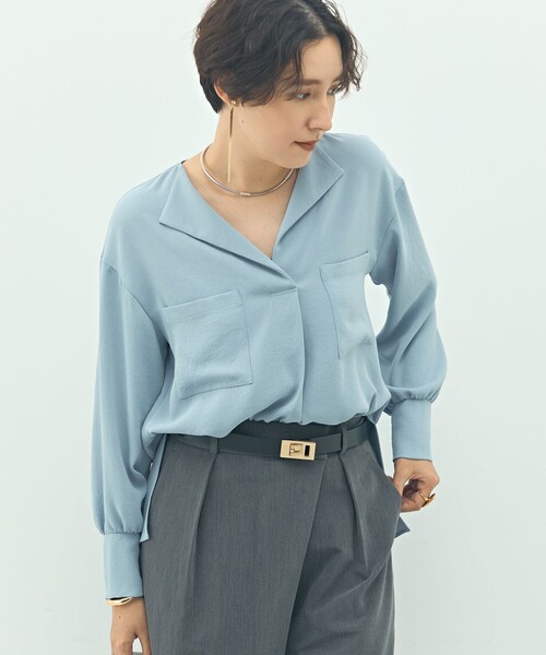NOLLEY’S Sophi（ノーリーズソフィ）の「ウォッシャブルバックサテンジョーゼットオープンカラーブラウス（シャツ/ブラウス・レディース・オフホワイト/サックスブルー/ネイビー・38）」の18枚目の写真