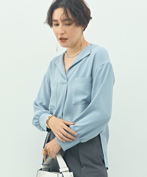 NOLLEY’S Sophi（ノーリーズソフィ）の「ウォッシャブルバックサテンジョーゼットオープンカラーブラウス（シャツ/ブラウス・レディース・オフホワイト/サックスブルー/ネイビー・38）」の19枚目の写真