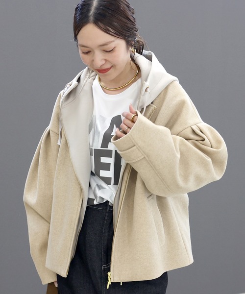 Aletta vita(アレッタビータ)の「フェイクウールノーカラーダブルジップブルゾン(ブルゾン・レディース・ベージュ/ブラック・M)」の1枚目の写真