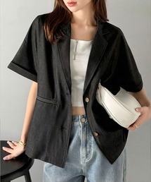 mily bilet（ミウィビレット）の「【mily bilet】【速乾機能・接触冷感機能付き】ほのかな光沢と落ち感。ドルマンハーフスリーブテーラードデニムジャケット(セットアップ可能)（テーラードジャケット）」