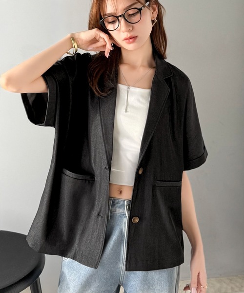 mily bilet(ミウィビレット)の「【mily bilet】【接触冷感・速乾機能付き】ほのかな光沢と落ち感。ドルマンハーフスリーブテーラードデニムジャケット(セットアップ可能)(テーラードジャケット・レディース・インディゴブルー/ブラック・X-LARGE/SMALL/MEDIUM/LARGE)」の3枚目の写真