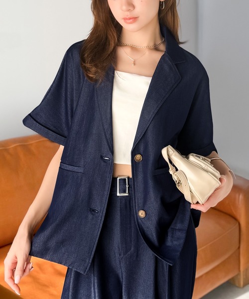 mily bilet(ミウィビレット)の「【mily bilet】【接触冷感・速乾機能付き】ほのかな光沢と落ち感。ドルマンハーフスリーブテーラードデニムジャケット(セットアップ可能)(テーラードジャケット・レディース・インディゴブルー/ブラック・X-LARGE/SMALL/MEDIUM/LARGE)」の4枚目の写真