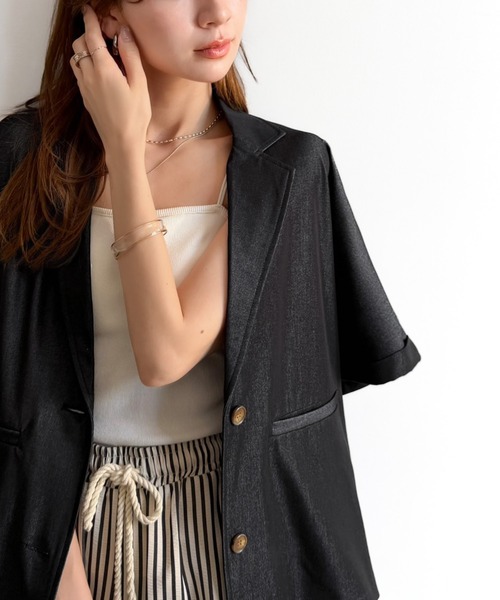 mily bilet(ミウィビレット)の「【mily bilet】【接触冷感・速乾機能付き】ほのかな光沢と落ち感。ドルマンハーフスリーブテーラードデニムジャケット(セットアップ可能)(テーラードジャケット・レディース・インディゴブルー/ブラック・X-LARGE/SMALL/MEDIUM/LARGE)」の18枚目の写真