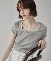 RONRON（ロンロン）の「LACE SQUARE HEART NECK SHORT SLEEVE GRAY（Tシャツ/カットソー・レディース）」