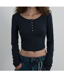 Nylon Buttoned Crop T-shirt [Fabric by ITALY] - NAVY