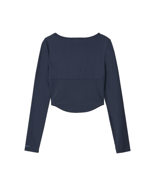 WOOALONG（ウアロン）の「Nylon Buttoned Crop T-shirt [Fabric by ITALY] - NAVY（Tシャツ/カットソー・レディース・ネイビー・SMALL/MEDIUM）」の2枚目の写真