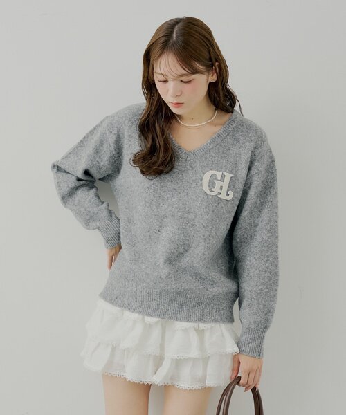セットアップ対応】胸ロゴVネックルーズニット（ニット/セーター