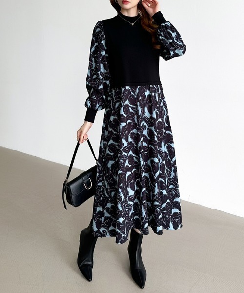 セール】ドッキングニットボタニカル柄ワンピース ニット ワンピース