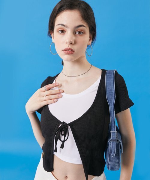 KOLEAT（コレット）の「夏クーリングクロップボレロリボン紐半袖Tシャツカーディガン[ブラック]（カーディガン/ボレロ・レディース・その他・FREE）」の2枚目の写真