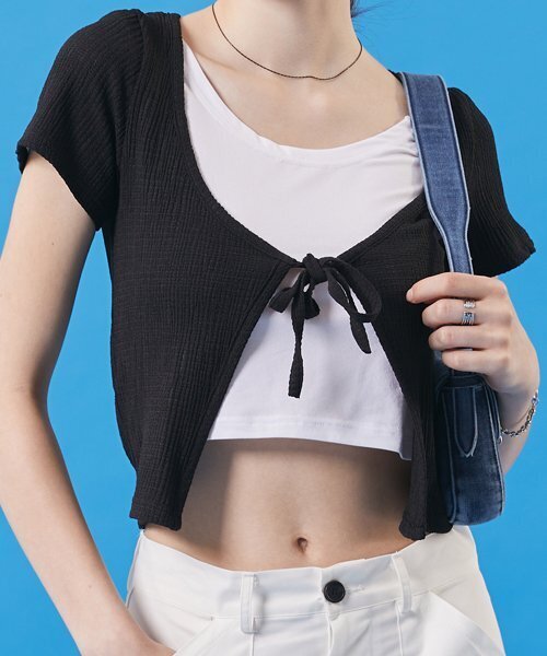 KOLEAT（コレット）の「夏クーリングクロップボレロリボン紐半袖Tシャツカーディガン[ブラック]（カーディガン/ボレロ・レディース・その他・FREE）」の4枚目の写真