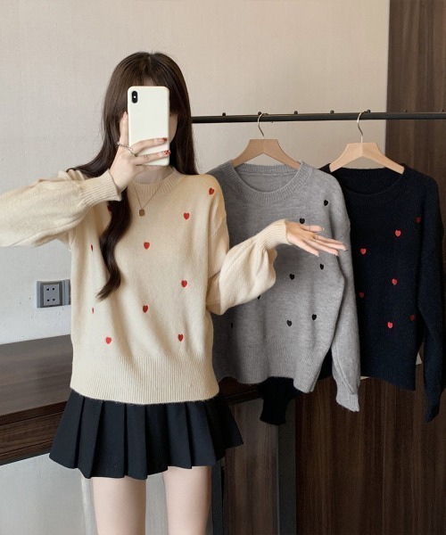Miniministore(ミニミニストア)の「クルーネックハート柄ニットセーター韓国風(ニット/セーター・レディース・ブラウン/グレー/オフホワイト/ブラック/ベージュ/モカ・FREE)」の14枚目の写真