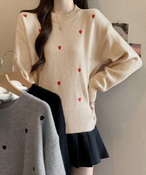 Miniministore(ミニミニストア)の「クルーネックハート柄ニットセーター韓国風(ニット/セーター・レディース・ブラウン/グレー/オフホワイト/ブラック/ベージュ/モカ・FREE)」の15枚目の写真