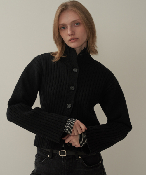 Half-neck muffler cardigan knit (muffler SET) - Black