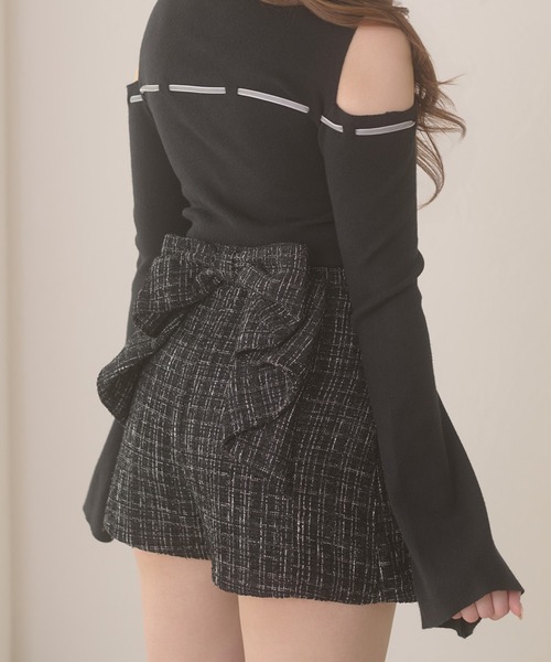 セール】tweed back ribbon skirt pants / ツイードバックリボン