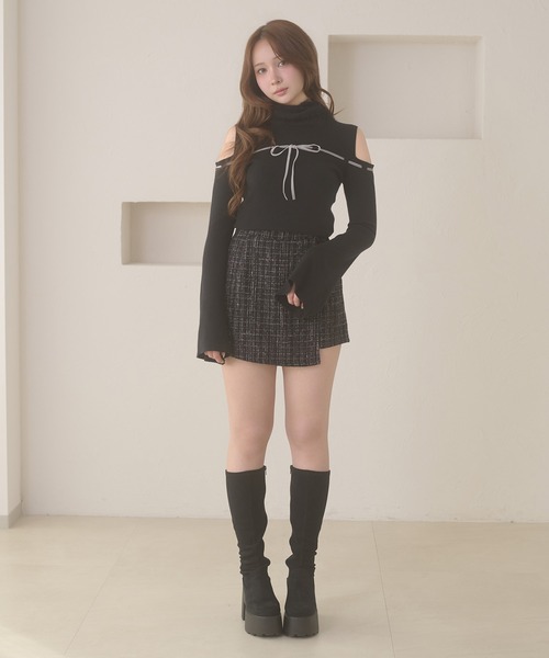 セール】tweed back ribbon skirt pants / ツイードバックリボン
