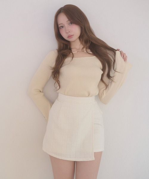 セール】tweed back ribbon skirt pants / ツイードバックリボン