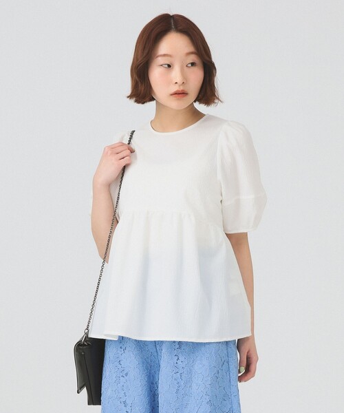 Ray BEAMS(レイビームス)の「ランタンスリーブ ギャザー ブラウス 26SS 通勤 通学 パフスリーブ オンオフ対応 フレア ペプラムシルエット ドット 洗える(シャツ/ブラウス・レディース・ホワイト/ライトブルー/ブラック/その他・ONE SIZE)」の8枚目の写真