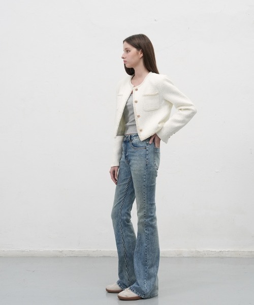 GENERAL IDEA（ジェネラルアイデア）の「【入庫禁止】【GENERAL IDEA】クロップツイードジャケット / trimming crop tweed jacket（ノーカラージャケット・レディース・ブラック/ホワイト・S/M/L）」の6枚目の写真