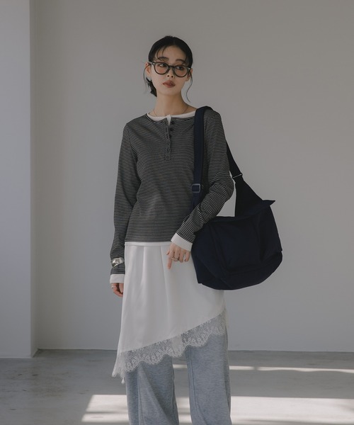 210nouve(トゥージュヌーブ)の「フェイクレイヤード ボーダー ヘンリーネック ロンT(Tシャツ/カットソー・レディース・ホワイト/ブラック/グレー・FREE)」の6枚目の写真