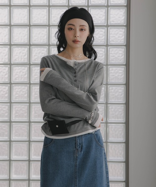 210nouve(トゥージュヌーブ)の「フェイクレイヤード ボーダー ヘンリーネック ロンT(Tシャツ/カットソー・レディース・ホワイト/ブラック/グレー・FREE)」の16枚目の写真